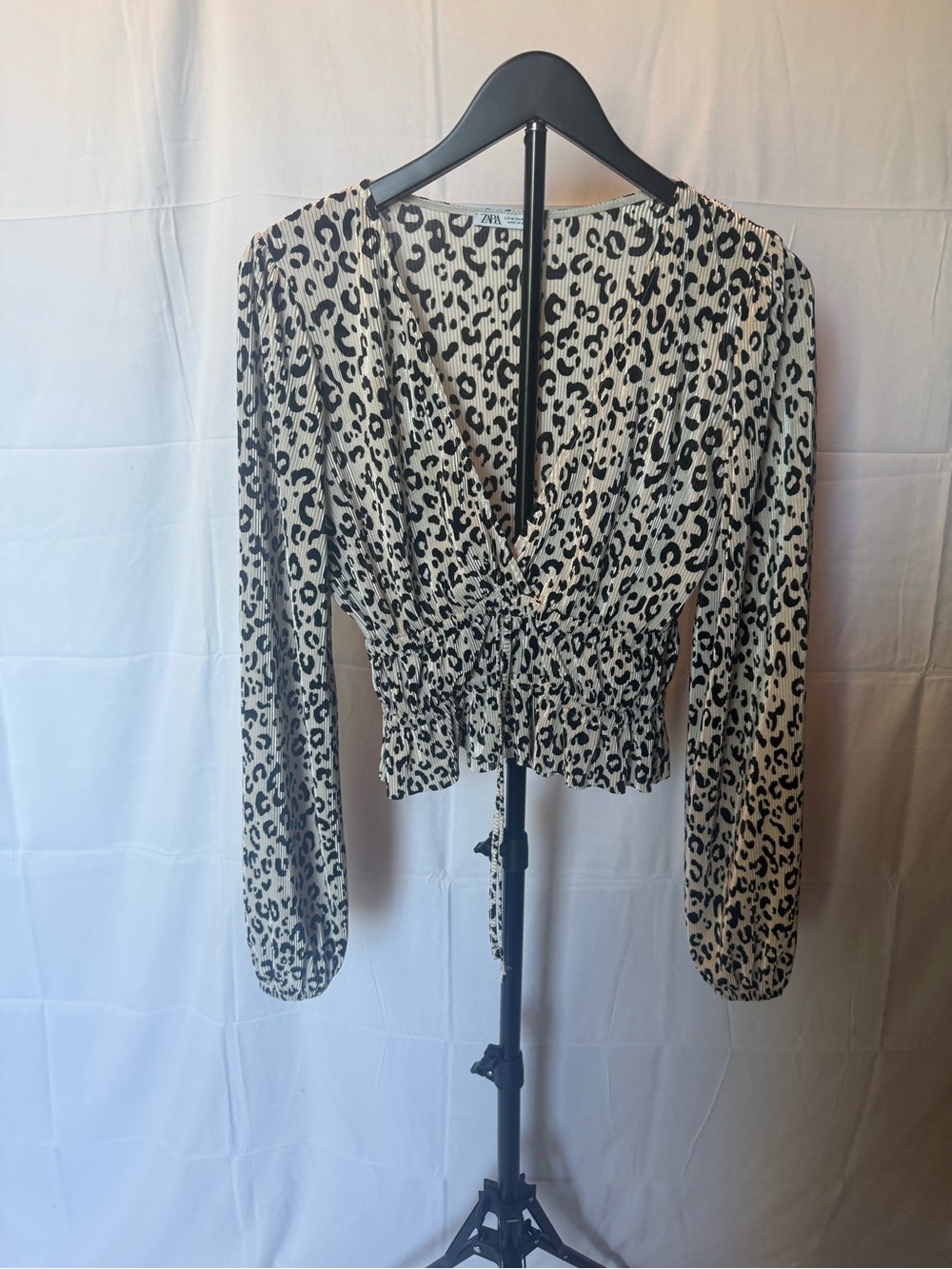 Zara Cream and Black Leopard-Print Long Sleeve Wrap Top with Peplum